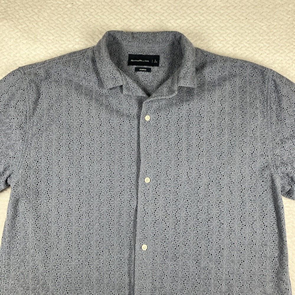 Abercrombie & Fitch Cropped Mens L Camp Collar Eyelet Lace Short Sleeve Blue - Picture 3 of 12
